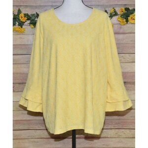 Chico's 4 US XXL 1X Butter Yellow Eyelet Blouse Top 3/4 Ruffle Sleeve Scoop Neck